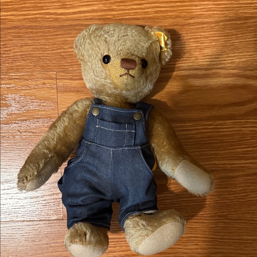 Vintage Steiff teddy bear with denim overalls. Button in Ear German Mohair